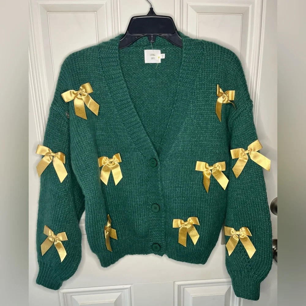 Anthropologie LUNA Ivy NEW forest green oversized cardigan gold bow small - Picture 7 of 7